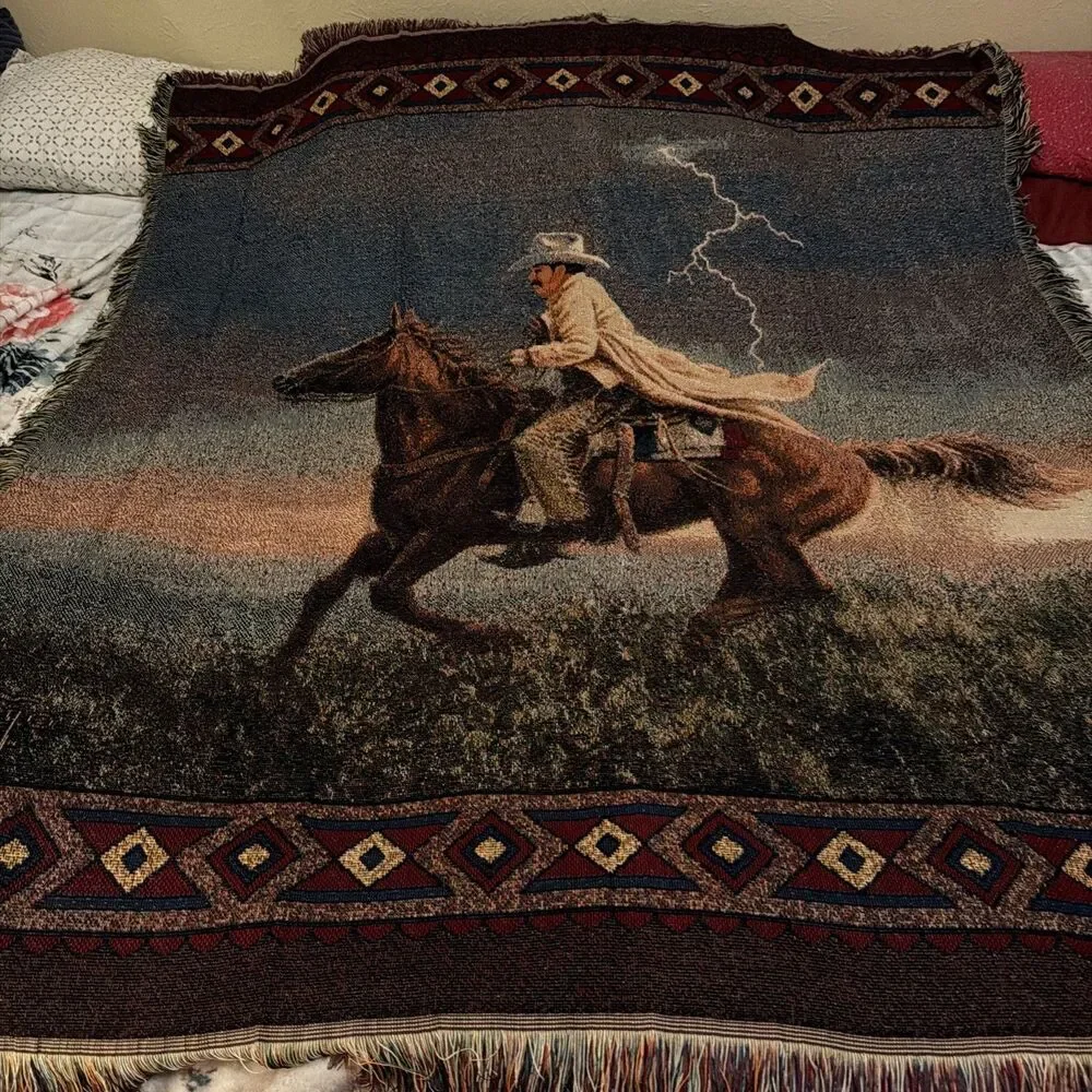 Vtg Mohawk Home Jack Terry Western Cowboy Woven Tapestry Throw Blanket 54x46 USA